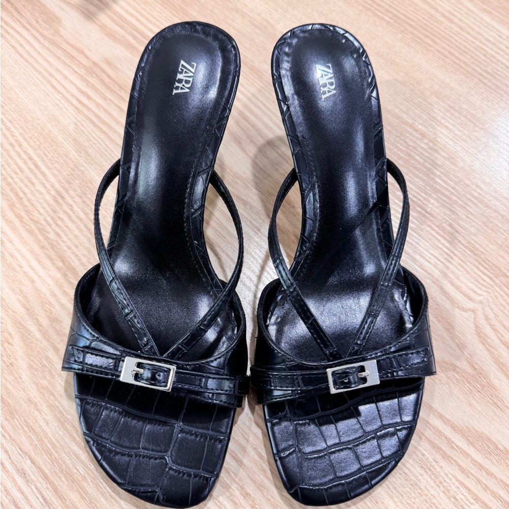 Zara Black Croc-Pattern Heeled Sandals